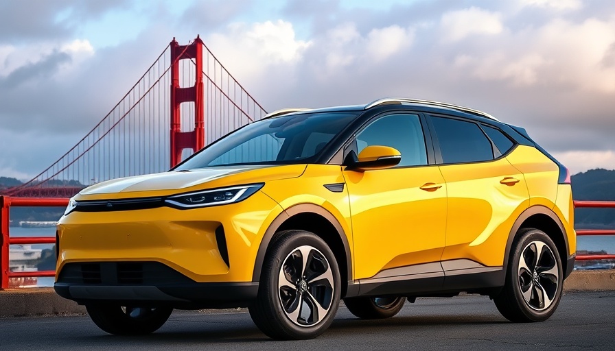 Yellow electric SUV near Golden Gate Bridge under cloudy sky.
