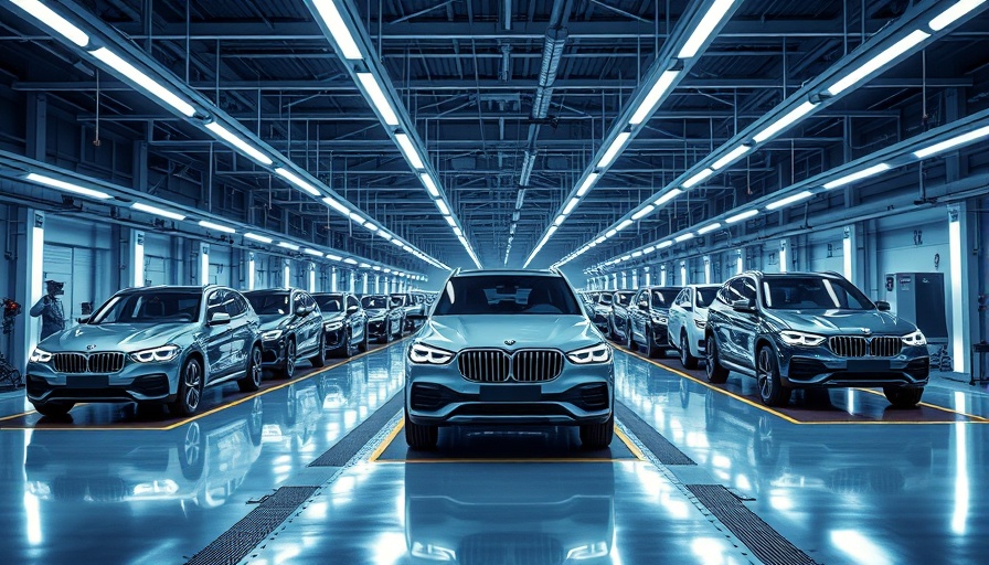 Modern SUV vehicles on a futuristic assembly line in automotive industry 2025.