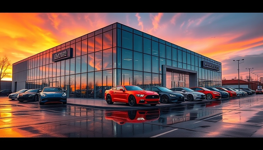 Modern dealership expansion with vibrant cars at sunset.