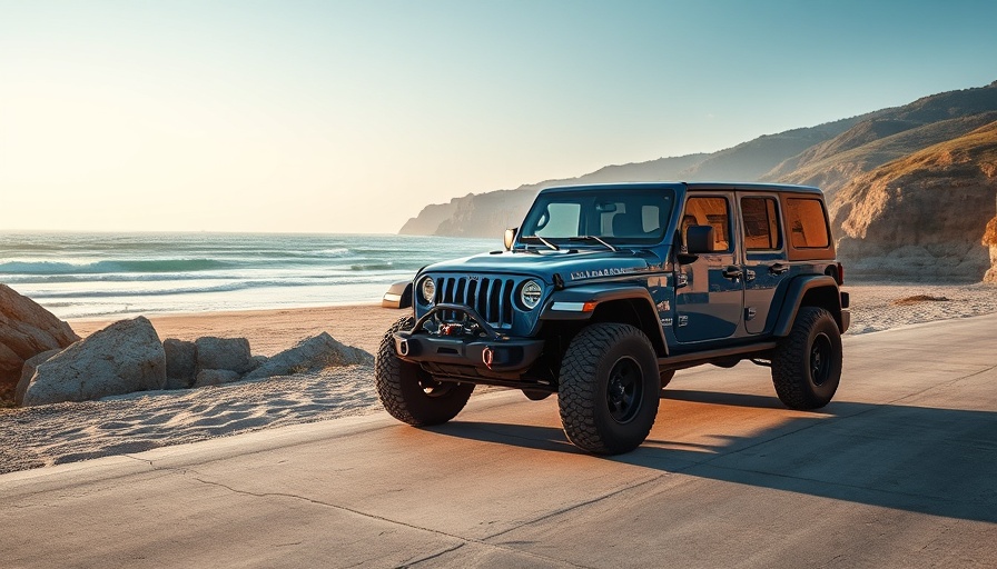 Jeep SUV on beach and blue sedan near lake, Pippa Garner