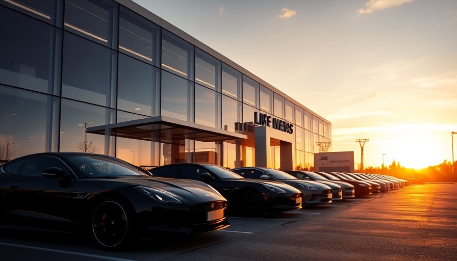 Penske CarShop building with parked cars at sunset.