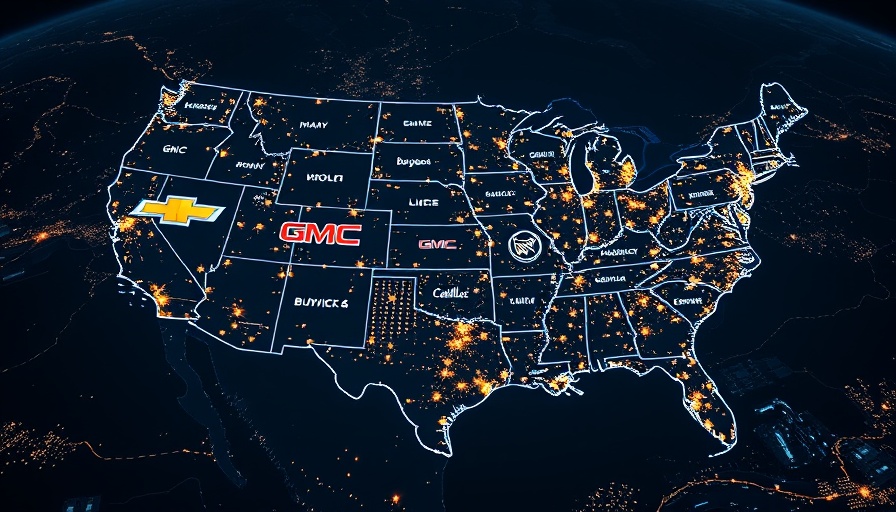 Map highlighting GM sales growth in the U.S. with brand logos.