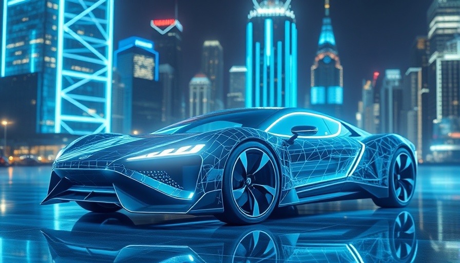 Futuristic car in a glowing digital city, remote-driving services.