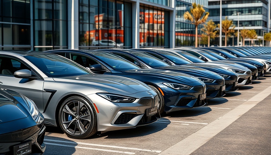 Modern car lineup reflecting automotive trends 2024 in urban setting.