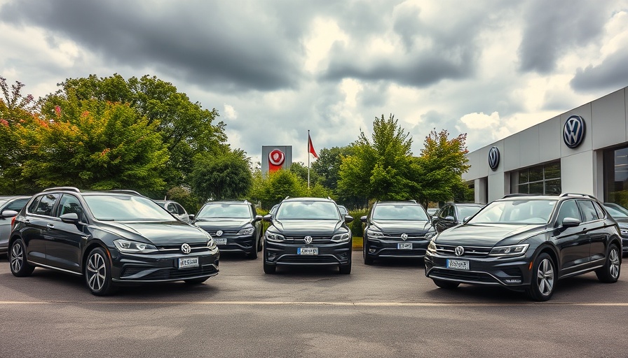 Volkswagen vehicles at dealership with large sign, cloudy day.