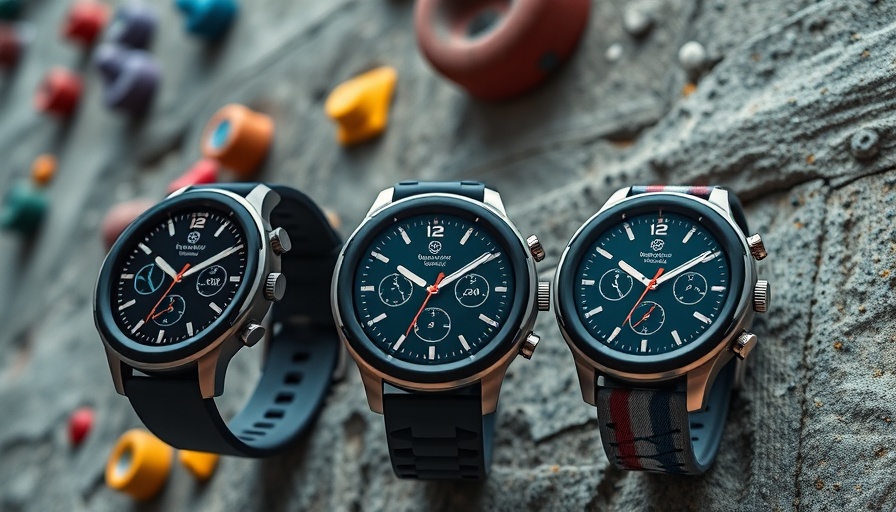 Smart watches display at CES 2025 with vibrant background.