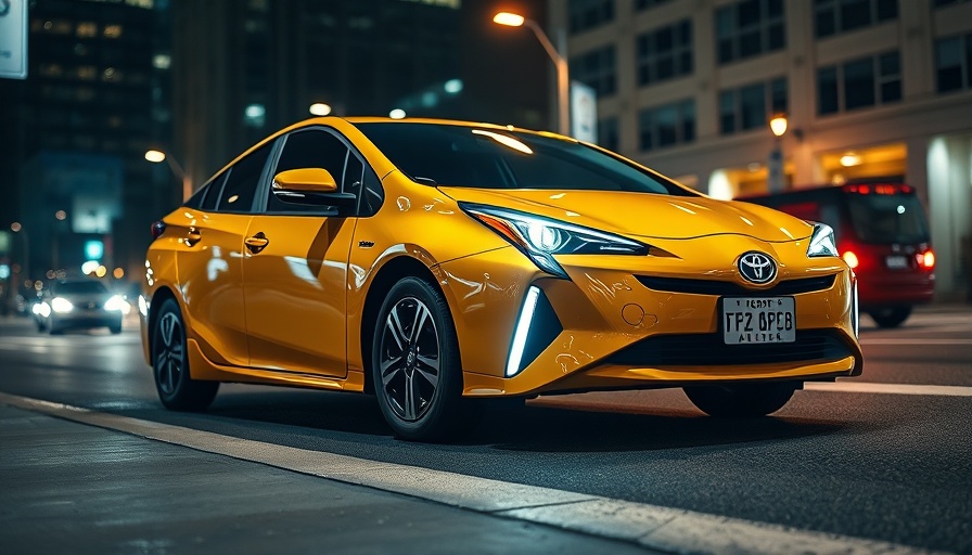 Toyota Prius 2025 in a city nightscape, yellow car.