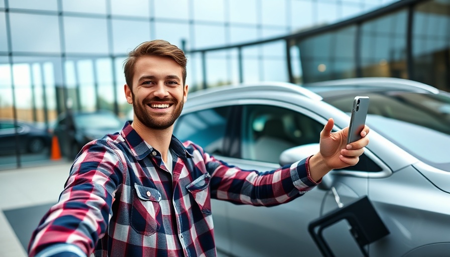 Young man takes selfie with car at dealership for inventory videos.