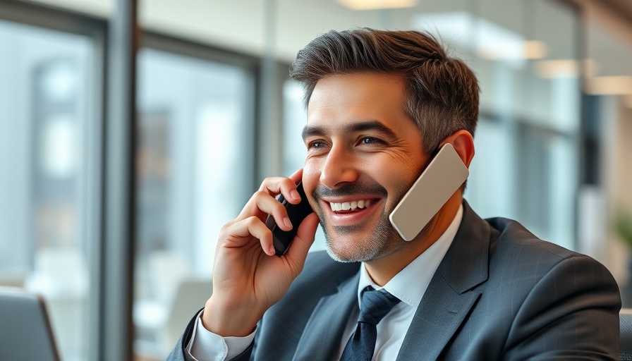 Confident businessman in modern office discussing competitive displacement on phone.