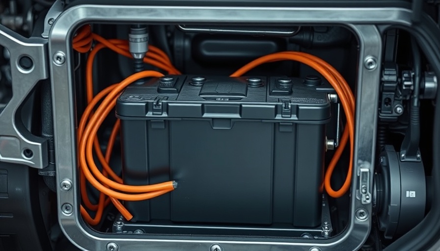 Close-up of an EV battery with orange cables in vehicle.