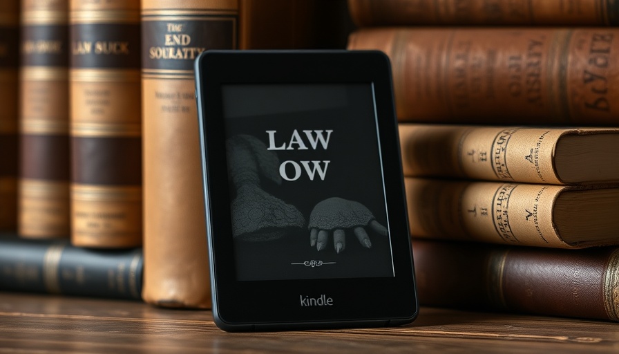 Kindle displaying book cover in a library with law books, Kindle deals.