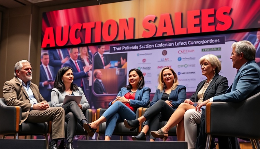 Panel discussion at auction sales convention with speakers on stage.