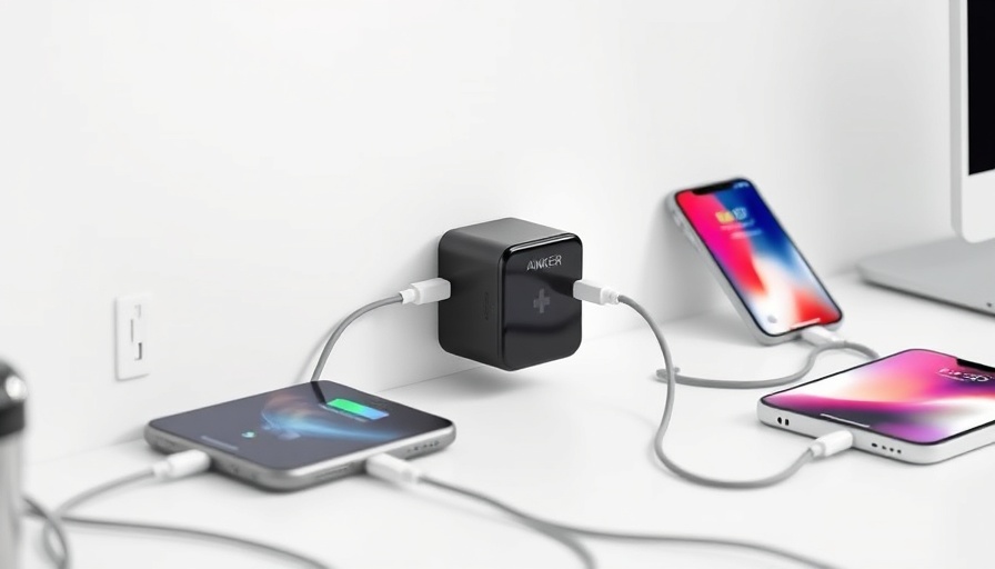 Anker wall charger powering multiple devices on a white desk.