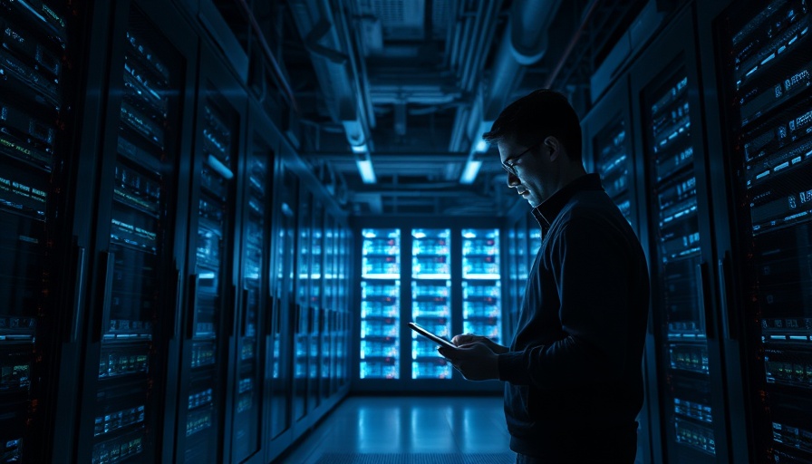 Person in dimly lit server room examines data storage units.