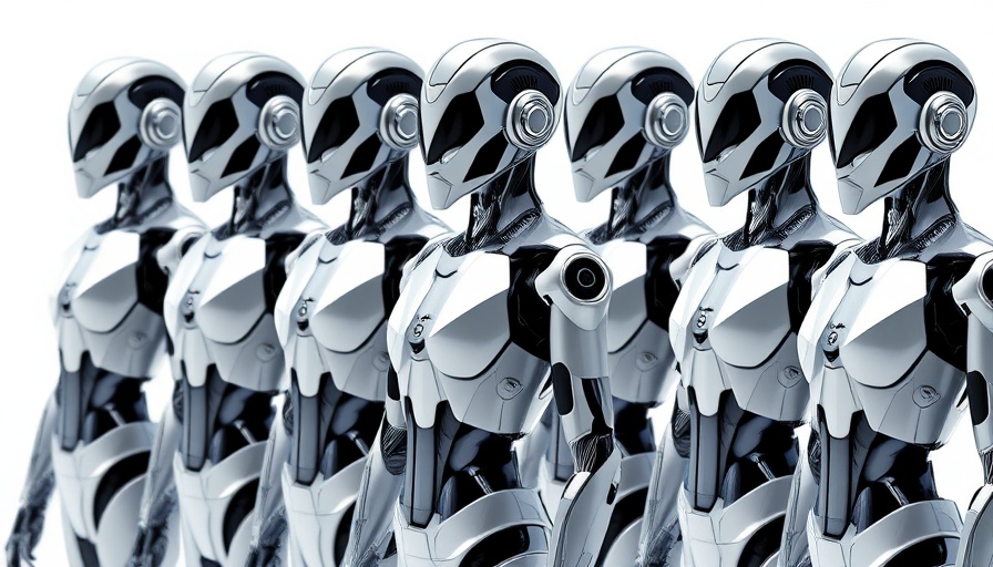Futuristic humanoid robots in formation, AI surgical guidance.
