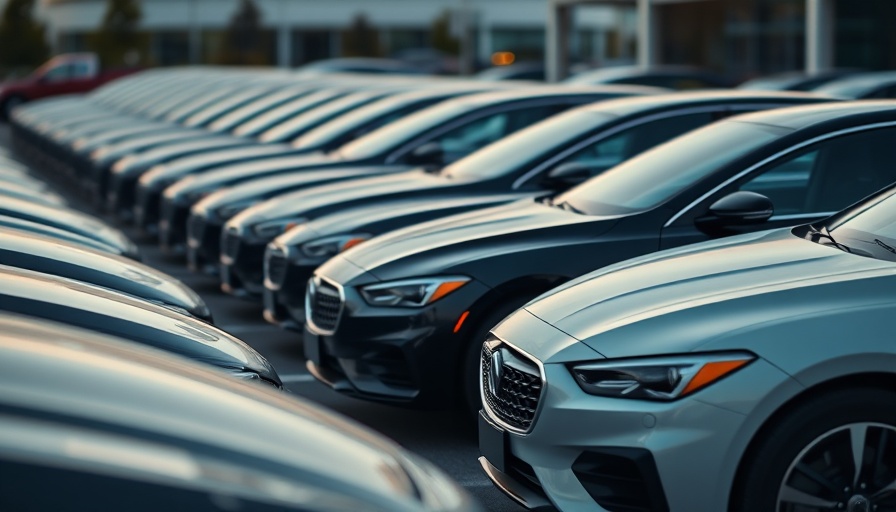 Row of modern cars in dealership lot for inventory acquisition.