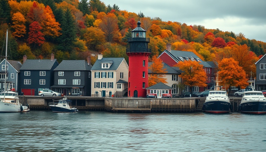 Quaint Mystic CT lighthouse by the harbor with fall foliage.