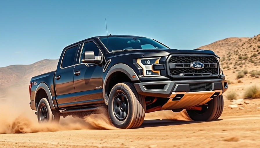 Rugged Ford vehicle on dusty terrain under blue sky.