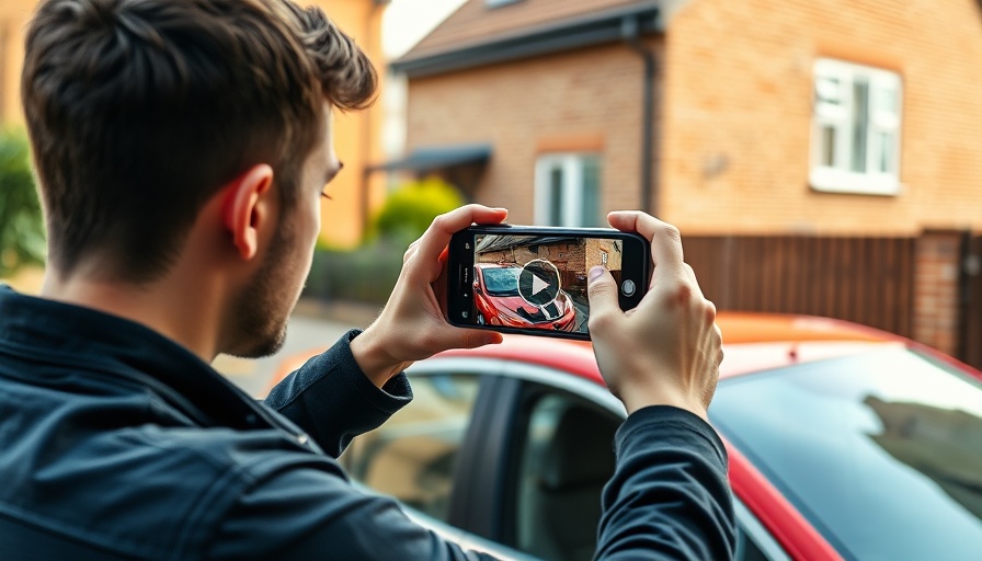 Man documenting red car with trade-in video feature in urban setting.