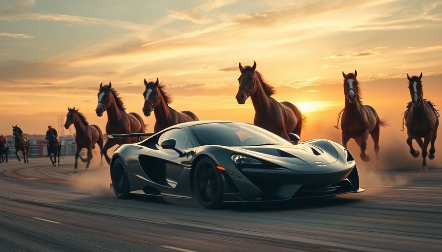 Race scene showcasing speed with horses and sports car.