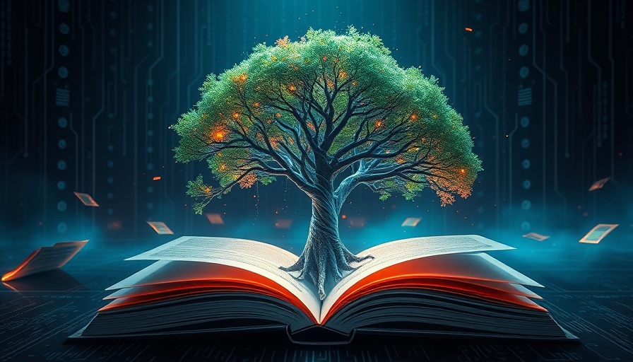 Futuristic digital tree with glowing book, Retrieval-Augmented Generation.