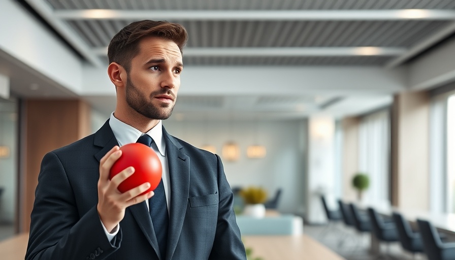 Thoughtful man in office with red ball, Severance computers setting.