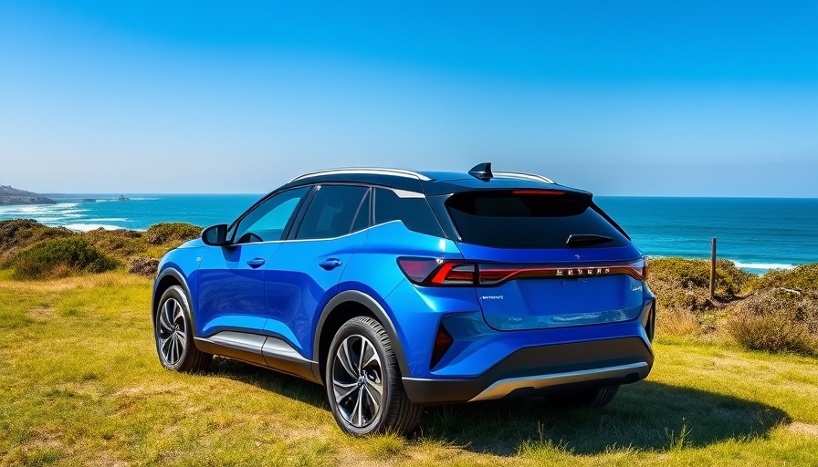 Blue electric SUV near coastal house, EV Battery Production.