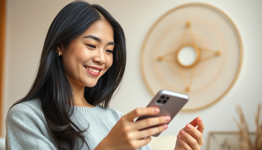 Young woman using smartphone for Allē Rewards, warm setting.