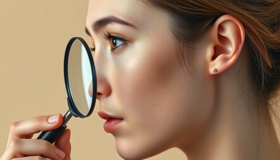 Young woman checking mole with magnifying glass for sun-safe skincare.