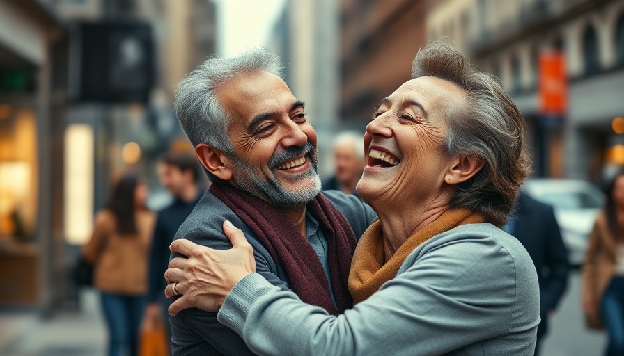 Joyful middle-aged couple laughing in a city street