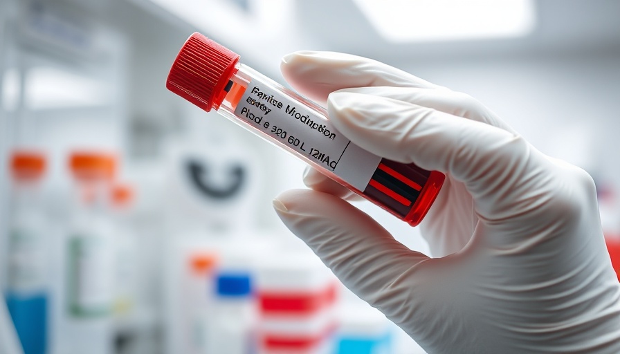 Gloved hand handling blood sample in laboratory.