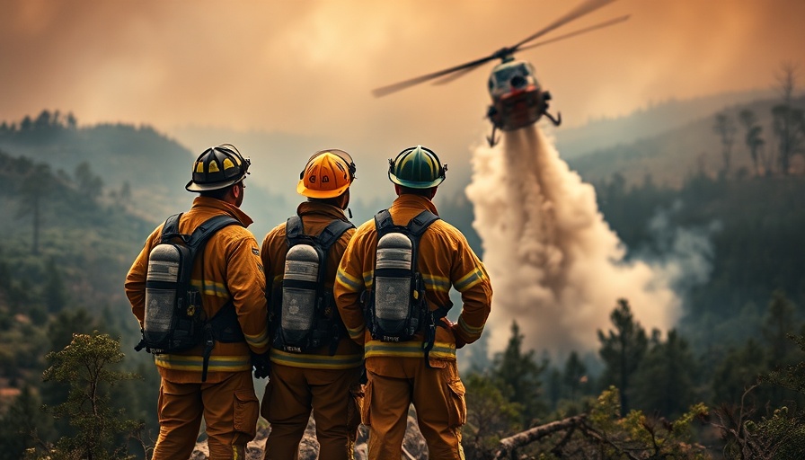 Firefighters observing helicopter during wildfire, highlighting skin health.