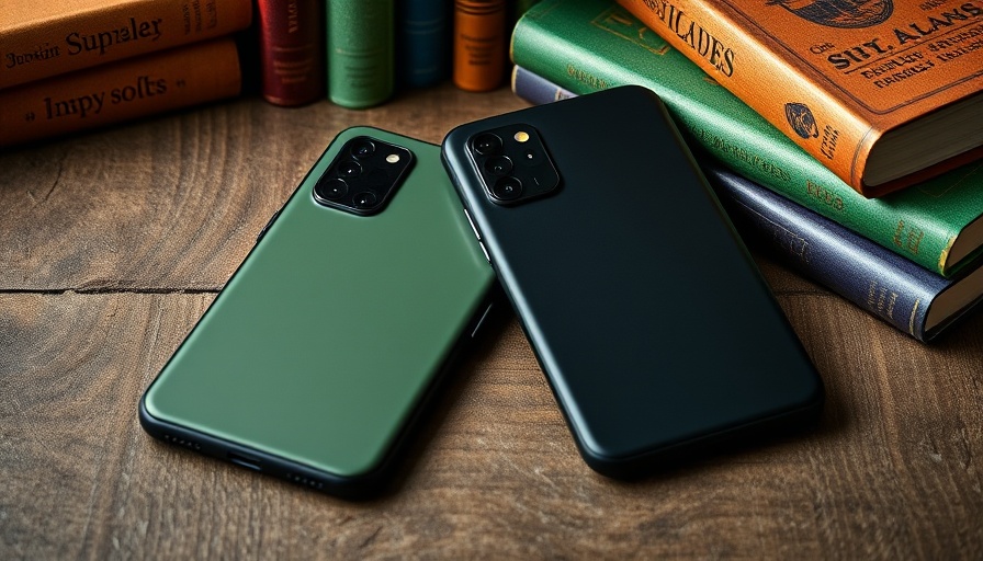 Sleek budget smartphones in green and black with books.