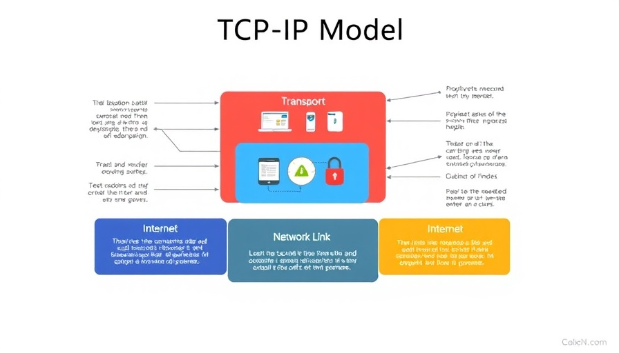 TCP/IP model diagram with colorful layer descriptions.