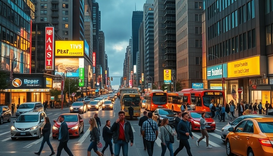 Busy urban street with dense traffic and pedestrians, highlighting Automatic Emergency Braking.