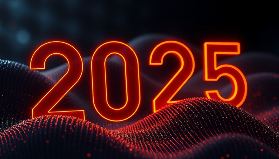 Futuristic 2025 on a digital wave background.