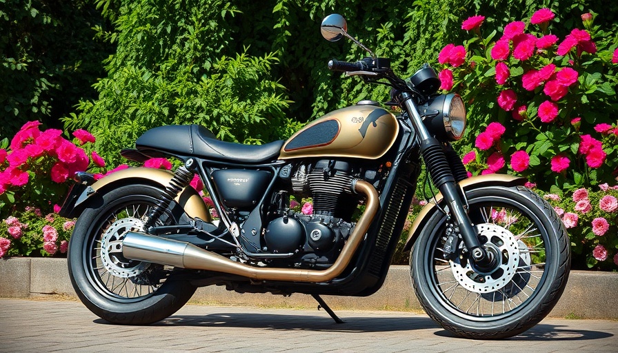 Vintage motorcycle parked outdoors in a garden setting.