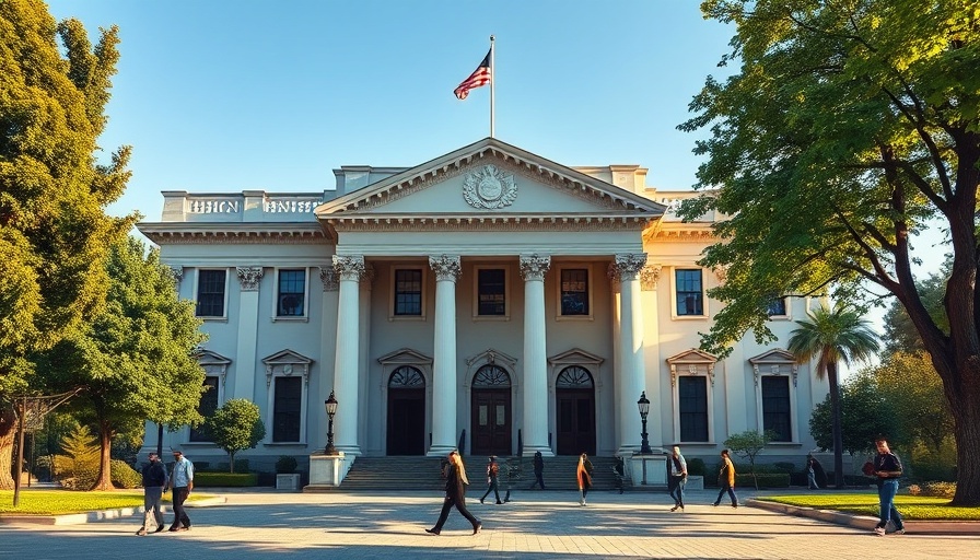 Neoclassical building with joggers in morning light, 'rate cuts' context.