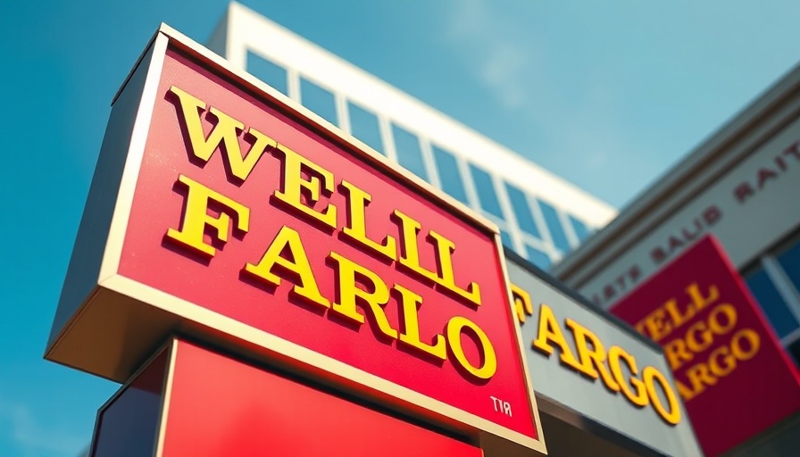 Wells Fargo bank signage in focus, financial institution facade.