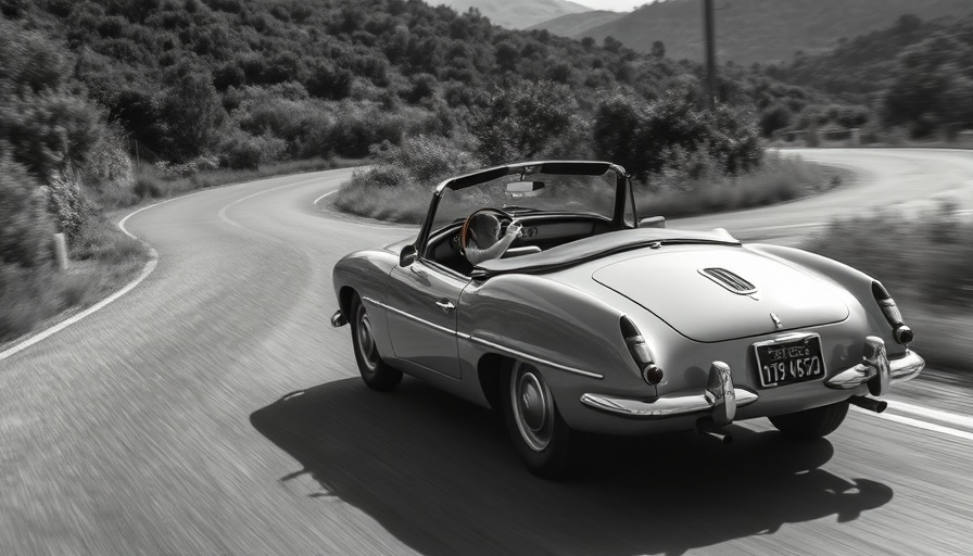 Vintage car driving on a scenic road, similar to Ferrari 400i.