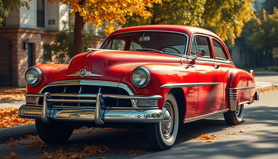 Vintage red car parked near autumn leaves