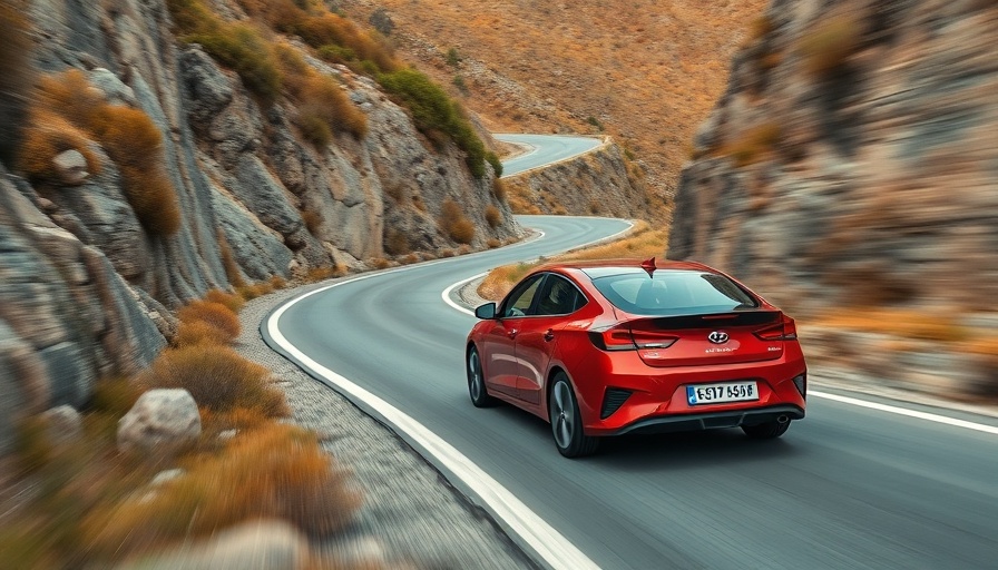 Red hybrid car navigating scenic mountain road, photorealistic.