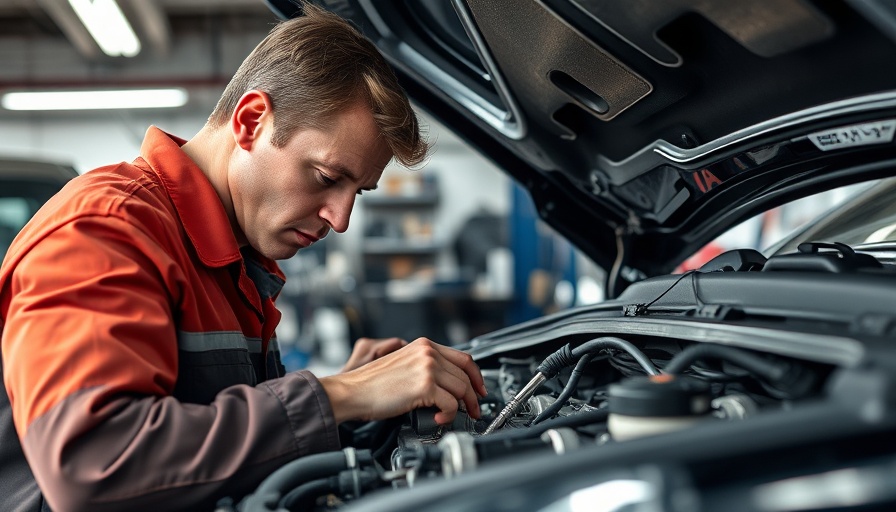 Mechanic performing automotive diagnostics in a professional garage.