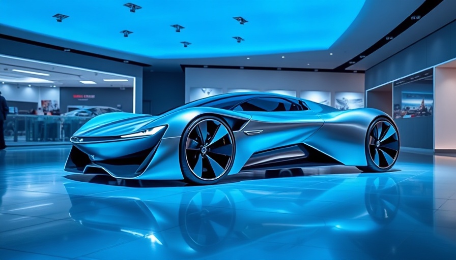 Futuristic concept car at modern exhibition, showcasing direct vehicle sales.