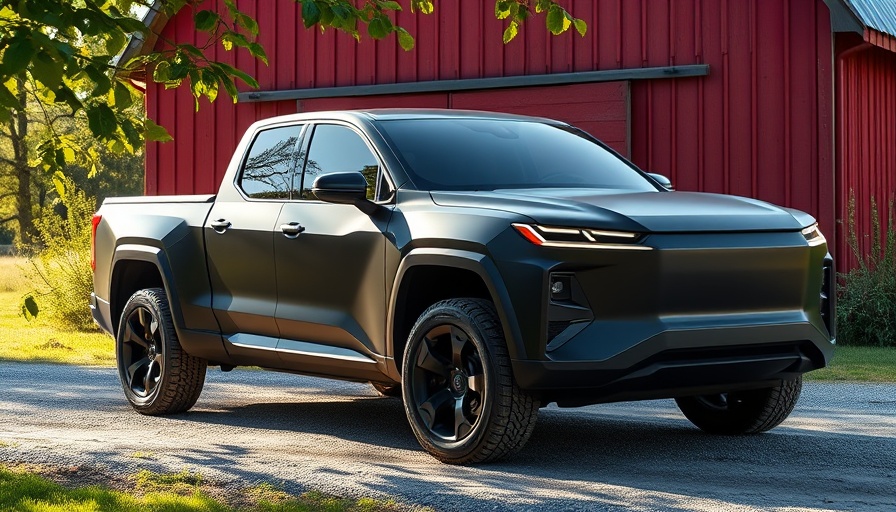 Modern electric pickup truck in rustic setting with red barn.