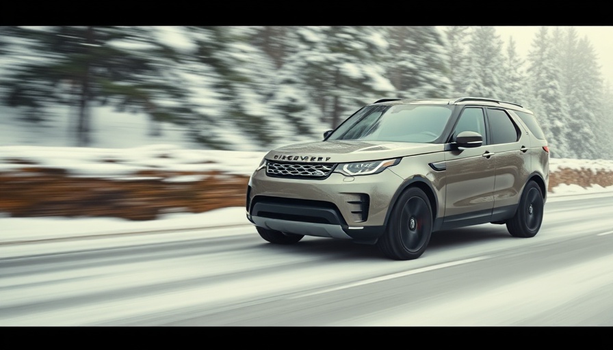 Dynamic Land Rover Discovery driving through snowy landscape.