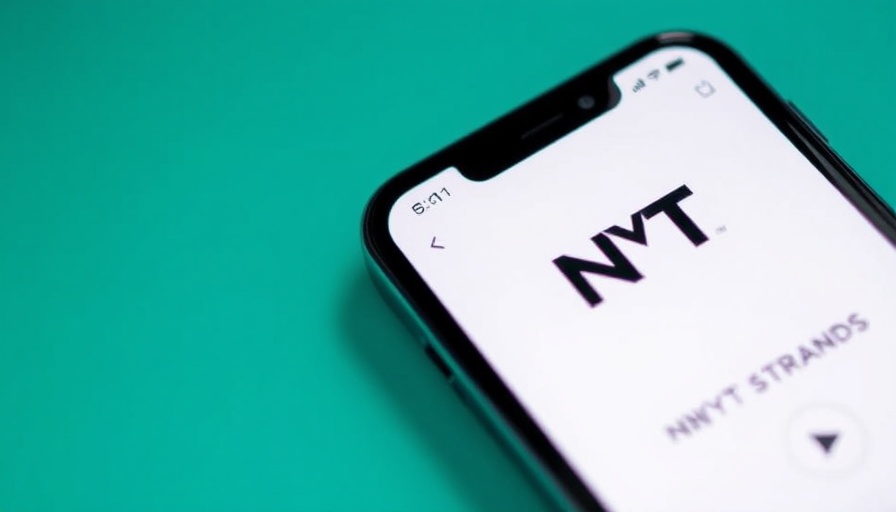 NYT Strands app on smartphone screen with logo and play button.