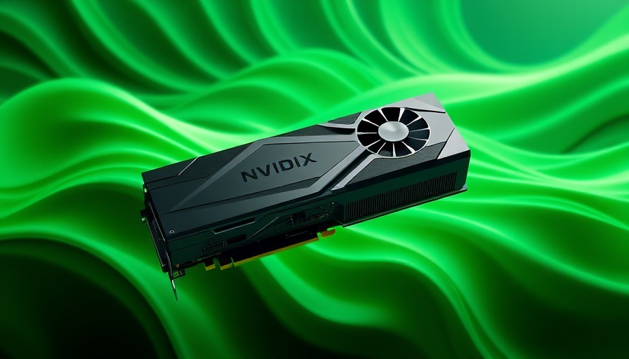 Nvidia RTX 5090 elegantly hovering over dynamic green waves.