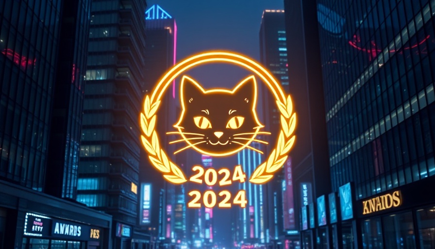 Golden Kitty Awards 2024 neon logo in futuristic cityscape.