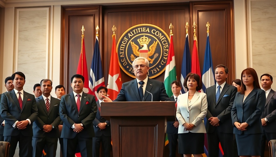 Formal individuals presenting at podium in official setting.